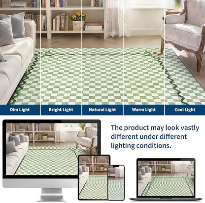 Garvee Washable Sage Green 10x13 Area Rug for Living Room Checkered Cherry | Coquette Large Non Slip Soft Bedroom Rugs Large Low Pile Stain Resistant Carpet for Nursery Dining Room Classroom