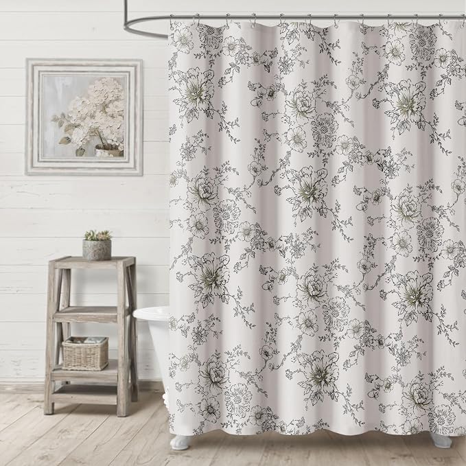 Farmhouse Floral Cotton Shower Curtain, Vintage Black Pattern Rustic Shower Curtains for Bathroom, 72x72