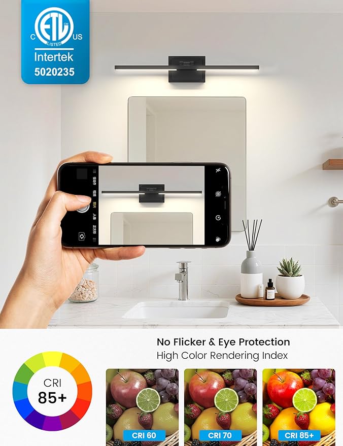 NIORSUN 24 Inch Modern Bathroom Light Fixture, 24W 5CCT Dimmable LED Black Bathroom Vanity Lights Over Mirror, Vanity Lights for Bathrooms Restroom Mirror- ETL Certified