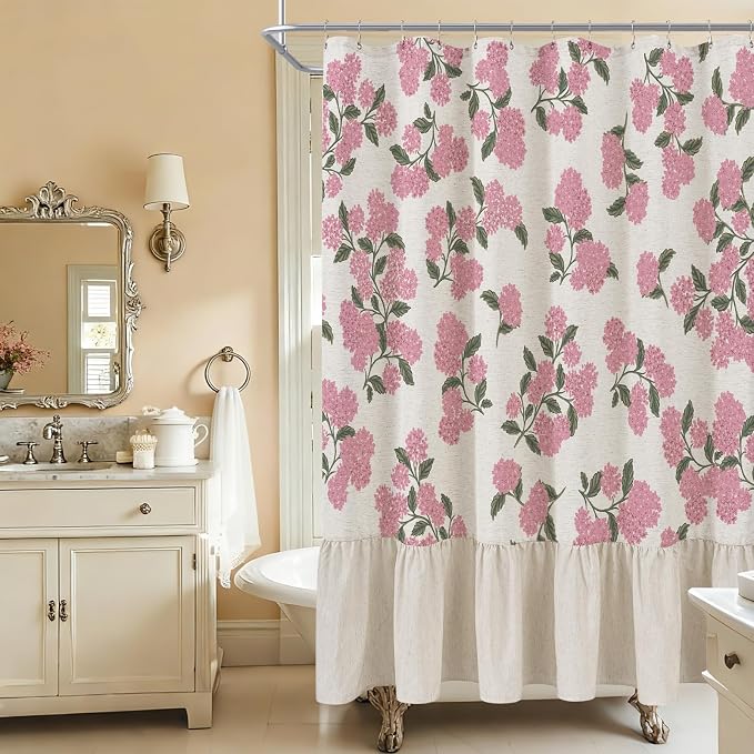 ORTIGIA Linen Textured Ruffle Shower Curtain with Metal Hooks, Vintage Pink Hydrangea Floral Boho Waterproof Bath Curtain for Rustic Farmhouse Bathroom Decor 72x72 Inch