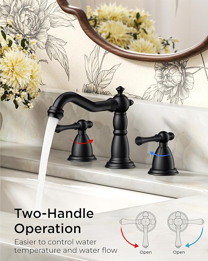 FORIOUS Matte Black Bathroom Faucets 3 Hole, Widespread Bathoom Sink Faucet Dual Handle with Pop-Up Drain and Water Supplies for Commercial Vanity Lavatory Restroom Farmhouse