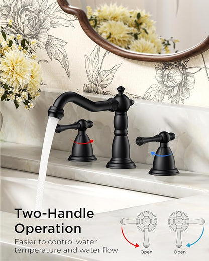 FORIOUS Matte Black Bathroom Faucets 3 Hole, Widespread Bathoom Sink Faucet Dual Handle with Pop-Up Drain and Water Supplies for Commercial Vanity Lavatory Restroom Farmhouse