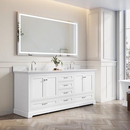 WELLFOR 80 Inch Bathroom Vanity with Double Sinks, Solid Wood Bathroom Vanity W/4 Soft-Close Doors and 6 Drawers, Cultured Marble Countertop Bathroom Vanities W/Sinks, White