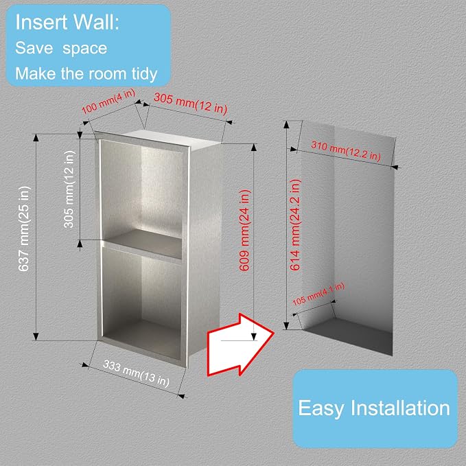 24 x 12 in Recessed Shower Niche with Double Shelves, Brushed Stainless Steel Wall Insert, No Tile Needed, Leakproof Built-in Storage for Bathroom, Kitchen, Bedroom