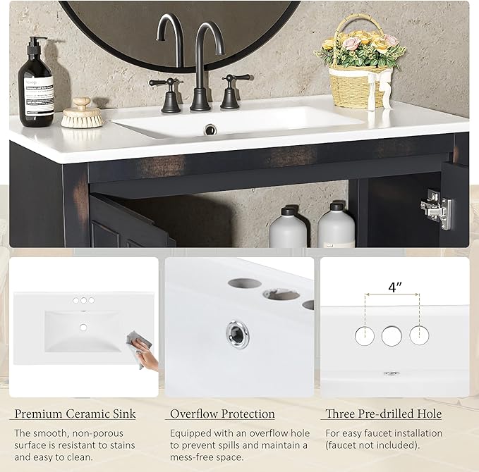 36" Bathroom Vanity,Farmhouse Vanity with Ceramic Sink, Set Bathroom Storage Cabinet, Espresso