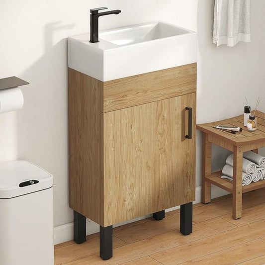 DWVO 16 Inch Bathroom Vanity Sink for Small Space, Freestanding Bathroom Cabinet with Undermount Ceramic Sink, Modern Bathroom Storge Vanity Soft-Close Doors, Natural Brown