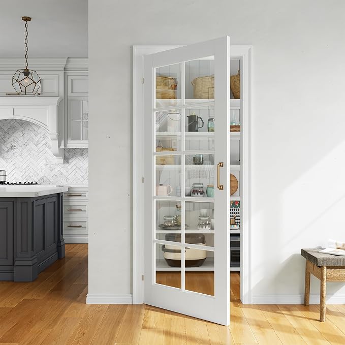 SMARTSTANDARD 32" x 80" Clear Glass French Interior Solid Core Door Slab | 10-Lite Glass Pantry Door for Bathroom Laundry Pocket, Pre-Assembled Panel without Hardware, White Primed