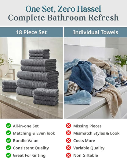 Casa Platino Bath Towel Set 100% Cotton 18 Piece Soft Absorbent - Cool Grey | Cotton Bath Towels - Densely Woven, Coordinated Colors, Dobby Border Accent, OEKO-TEX Certified, Ring-Spun Durability