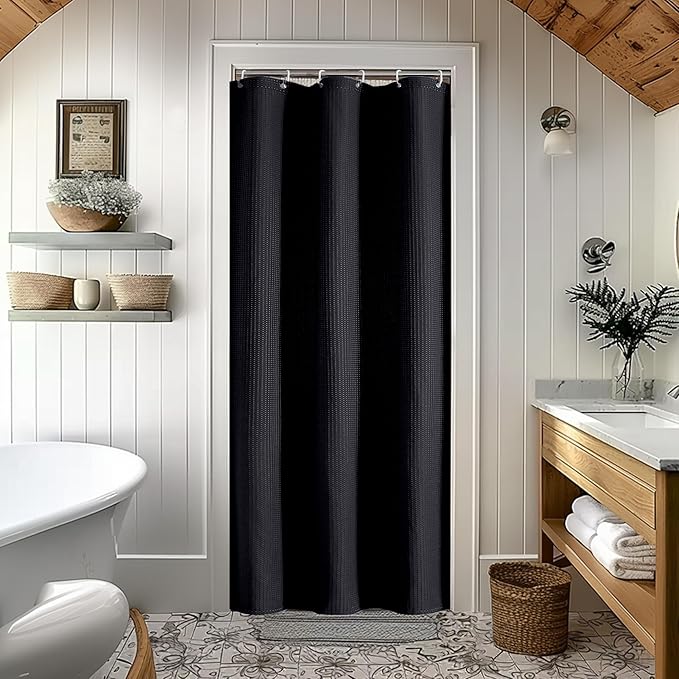 OVZME Stall Fabric Shower Curtain Set - 36x72, Waffle Weave 230GSM Heavy Duty Small Stall Shower Curtains for Narrow Stall Size, Machine Washable Bath Curtain with 12 Plastic Hooks, 36x72 Inch, Black