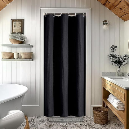 OVZME Stall Fabric Shower Curtain Set - 36x72, Waffle Weave 230GSM Heavy Duty Small Stall Shower Curtains for Narrow Stall Size, Machine Washable Bath Curtain with 12 Plastic Hooks, 36x72 Inch, Black
