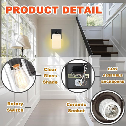 Wall Sconces with Switch Set of Two, Bedside Wall Lamps for Bedroom, Modern Bathroom Light Fixtures with Milk Glass Shade, Black Sconces Wall Lights for Hallway, Living Room, Kitchen