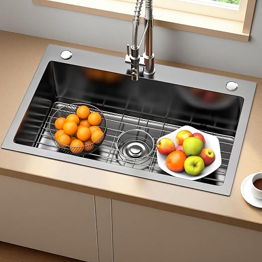 YITAHOME 28x18inch Drop In Black Kitchen Sink with 3 Holes, Top Mount Stainless Steel Nano Gunmetal Black Single Bowl Sink with Grid for Workstation, Prep Kitchen, Bar, 28 x 18 x 9in