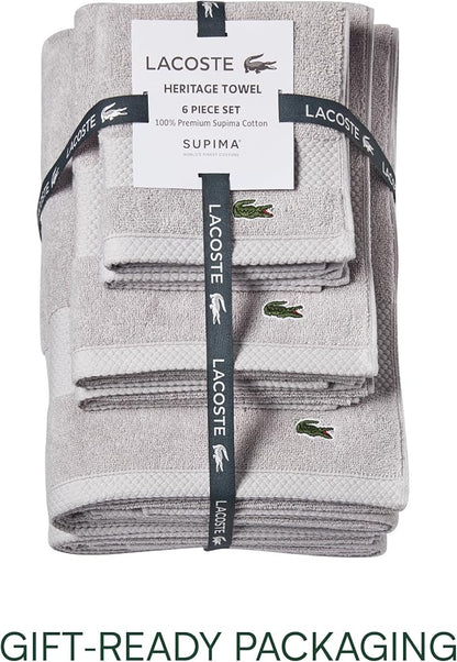 Lacoste Heritage Anti-Microbial Supima Cotton 6-Piece Towel Set, 2 Bath Towels, 2 Hand Towels, 2 Washcloths, Microchip – Highly Absorbent & Quick Drying, Bathroom Essential, Machine Washable