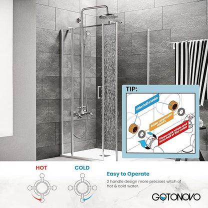 gotonovo Exposed Bathroom Shower Faucet Set Shower Fixture 8 Inch Rainfall Shower Head Handheld Shower Cross Handle Wall Mount 2 Functions Brushed Nickel