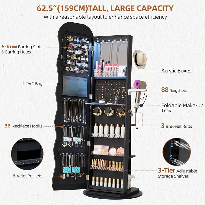 Vlsrka LED Mirror Jewelry Cabinet Standing, 360° Swivel, Black | Lockable Jewelry Armoire with Mirror, Interior LED Makeup Mirror, Foldable Shelf, Large Capacity, Gift for Women, Girls