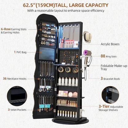 Vlsrka LED Mirror Jewelry Cabinet Standing, 360° Swivel, Black | Lockable Jewelry Armoire with Mirror, Interior LED Makeup Mirror, Foldable Shelf, Large Capacity, Gift for Women, Girls