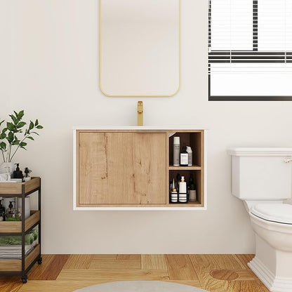 30 Inch Bathroom Vanity with White Sink Combo, Wall-Mounted Bathroom Vanity for Small Space, Bathroom Cabinet with 1 Door&Side Shelf