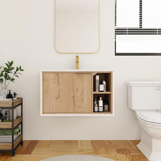 30 Inch Bathroom Vanity with White Sink Combo, Wall-Mounted Bathroom Vanity for Small Space, Bathroom Cabinet with 1 Door&Side Shelf