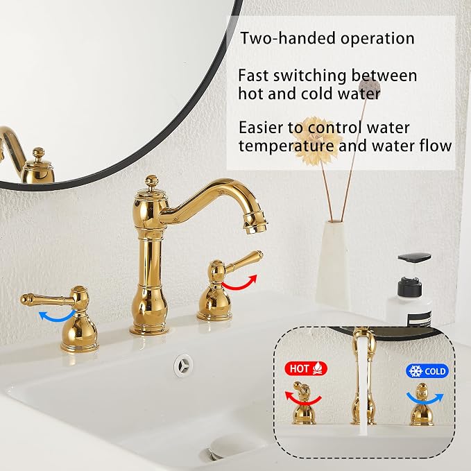 2 Handles 3 Holes Faucet Widespread Bathroom Sink Faucet Basin Tap Mixer Supply Hose Included Matching Pop Up Drain Polished Gold