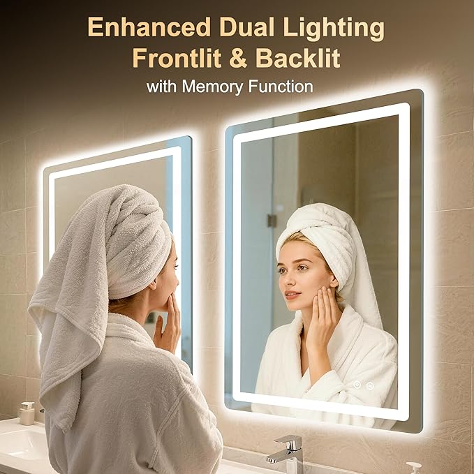 LED Bathroom Mirror, 36"x24" Bathroom Vanity Mirror with Lights for Wall, Smart Anti-Fog, Stepless Dimmable with 3 Color Mode, Backlit + Front Lit, Memory Function, ETL Listed