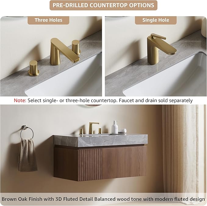 30” Floating Bathroom Vanity with Sink, Wall-Mounted Cabinet with Drawer & Doors, Gray Travertine-Pattern Sintered Stone Top, Undermount Basin, 3 Faucet Hole, Soft-Close, Pre-Assembled, Brown Oak