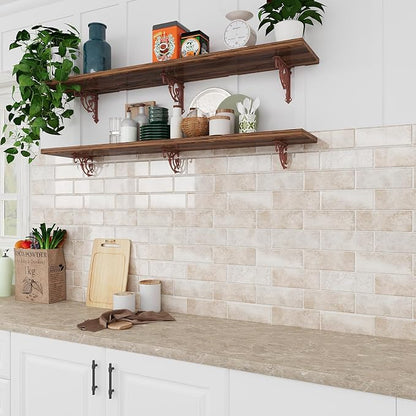 VEELIKE Beige Peel and Stick Backsplash Tile for Kitchen Wall Waterproof Self Adhesive Subway Tile Backsplash 12''x12'' 6 Sheets Renter Friendly Back Splash Stick on Tiles for Bathroom Laundry Room