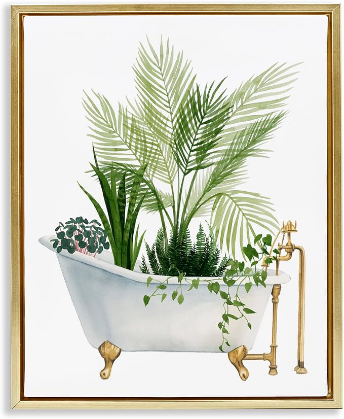 Vintage Tub Botanical, 16 x 20 Inch Canvas in Floater Frame | Stupell Industries · By Grace Popp · Ready to hang · Great for bathroom or laundry room · Made in USA