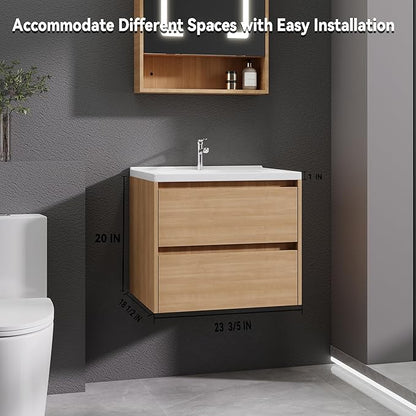 Wood Grain Floating Bathroom Vanity with Sink, 23x18 Inch Wall Mounted Bathroom Cabinet with 2 Drawers, Modern Single Sink Vanity for Small Bathroom, Space-Saving Storage Cabinet