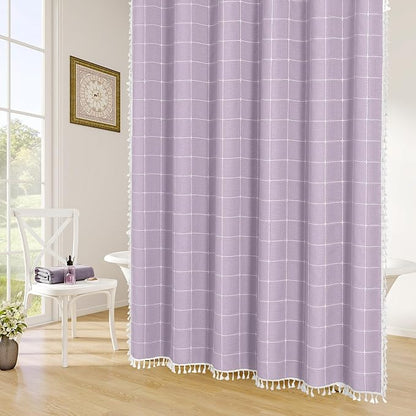 Lavender Boho Farmhouse Shower Curtain for Bathroom 72x72 | 320 GSM French Country Plaid Tassel Shower Curtain, Rustic Aesthetic Bathroom Decor Windows Curtain