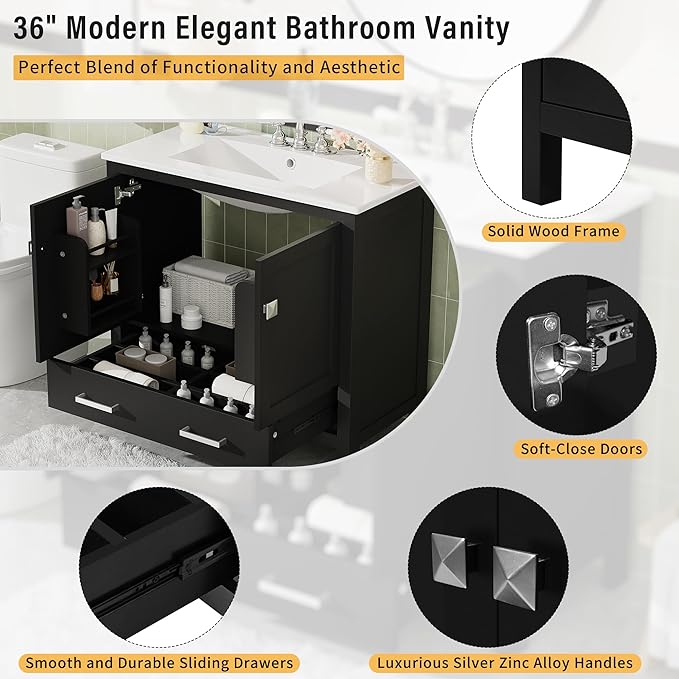 Favfurish 36" Black Bathroom Vanity with Ceramic Sink,Modern Bathroom Vanity Cabinet w/Soft Close Doors and Deep Drawer,Stylish Bath Storage Solution w/Divided Drawer,Easy Assembly,Black