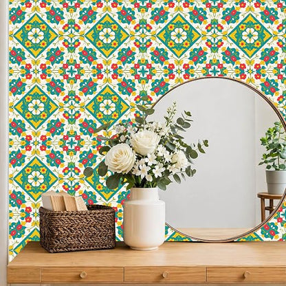 Teal Yellow Floral Peel and Stick Floor Tiles 12x12 Inch 10PCS | Teal yellow orange floral geometric pattern vinyl floor stickers for kitchen bathroom entryway and indoor home decor