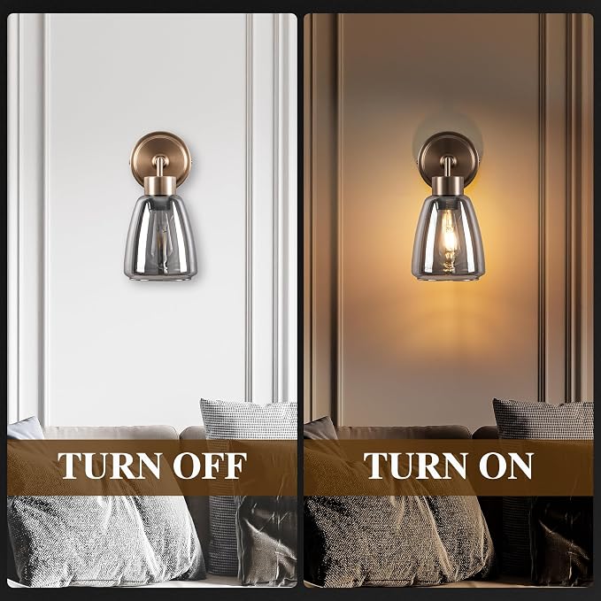 Smoked Gray Glass Wall Light Dia 6" Wall Lamp with Glass Shade Vintage Vanity Lighting Fixture with Metal Base Flush Mount Wall Sconce 1-Light for Bathroom, Bedroom, Bedside, Entryway