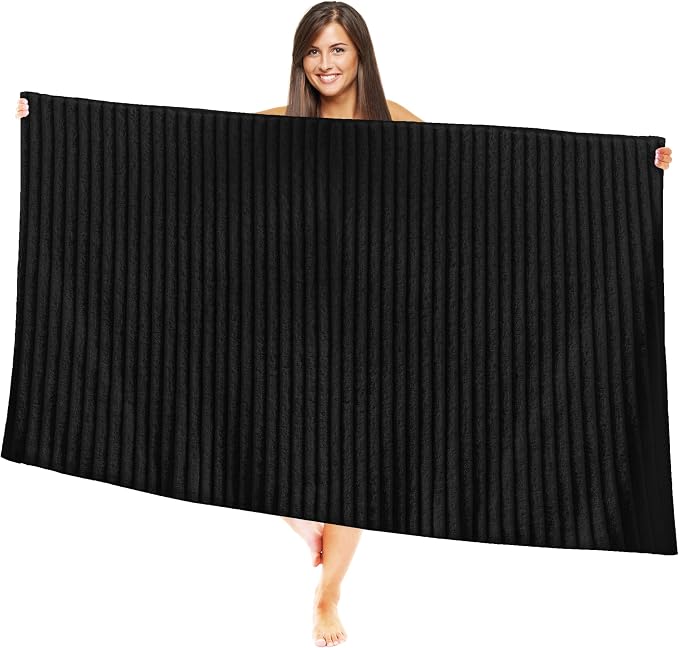 Elegant Comfort 100% Turkish Cotton Corduroy Ribbed Luxury Jumbo Bath Towel Ultra Soft - 35 x 70 Inch - Luxury Spa Premium Hotel Quality Highly Absorbent and Quick Dry Large Bath Towel, Black