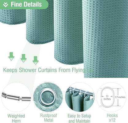 Extra Long Waffle Shower Curtain 256 GSM 72"x84" Teal/Turquoise | 84 Inch Long, Thick Cloth, Weighted Hem, Water Repellent, Tall Hotel Luxury Polyester Shower Curtains for Bathroom 12 Hooks