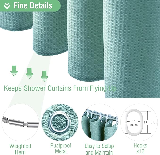 Long Waffle Shower Curtain 256 GSM Heavy 72"x78" Teal/Turquoise | 78 Inch Long, Thick Cloth, Weighted Hem, Water Repellent, Tall Hotel Luxury Polyester Shower Curtains for Bathroom 12 Hooks