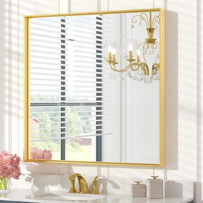 Keonjinn 30x30 Inch Brushed Gold Bathroom Mirror for Over Sink, Square | HD Tempered Glass, Vanity Mirror, Brushed Framed, Square Corner, Modern Farmhouse, Wall Mounted Mirrors, Aluminum Alloy