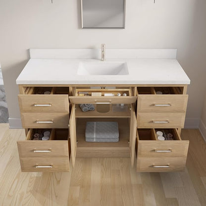 Capri III 60" Single Sink Bathroom Vanity With Stealth Organizer, Solid Wood Bathroom Cabinet with Engineered Stone Countertop & Backspalsh, Soft Closing Door & Drawer, Pre-Assembled, Weathered Oak