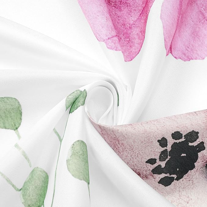 Pink Green Beige Watercolor Floral Fabric Shower Curtain, 72x72 | Waterproof Fabric, Modern Minimalist Floral Print, Machine Washable, Rustproof Grommets, for Bathroom Home