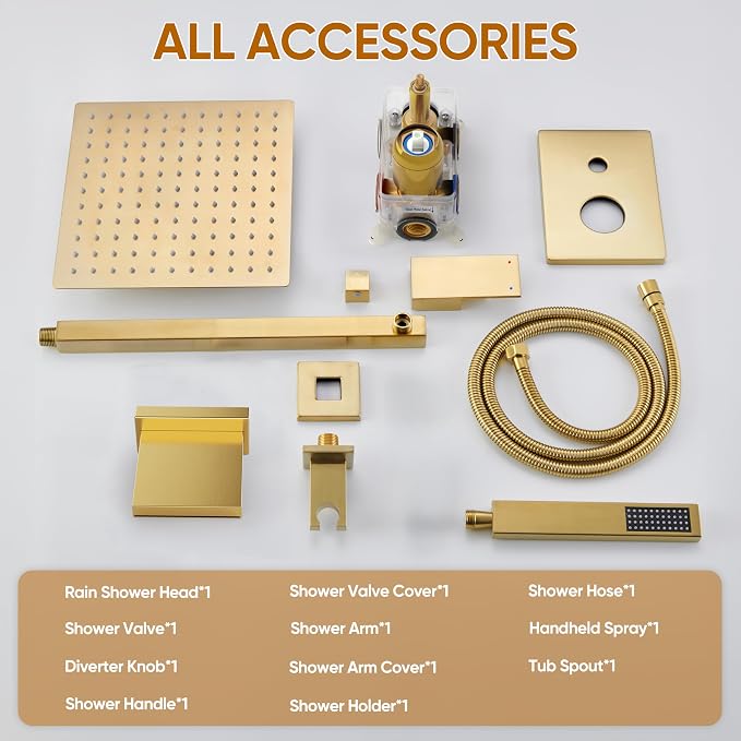 Gold Tub Shower System with 12" Rain Head, Handheld & Valve Kit | All-Metal Tub Shower Faucet Set, Wall Mounted Rain Showerhead, Handheld Spray, Includes Valve and Trim Kit, Brushed Gold