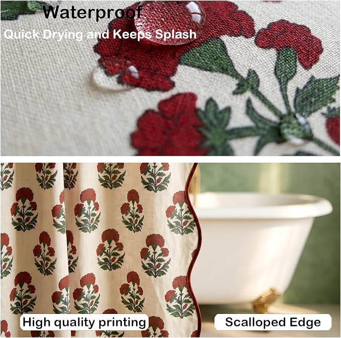 Boomkin Block Print Scalloped Shower Curtain Set with 12 Hooks | Red Shower Curtain Linen Textured Cottage Core Floral Bathroom Curtain for Vintage Farmhouse Bathroom 72 x 72 Inch