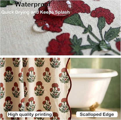 Boomkin Block Print Scalloped Shower Curtain Set with 12 Hooks | Red Shower Curtain Linen Textured Cottage Core Floral Bathroom Curtain for Vintage Farmhouse Bathroom 72 x 72 Inch