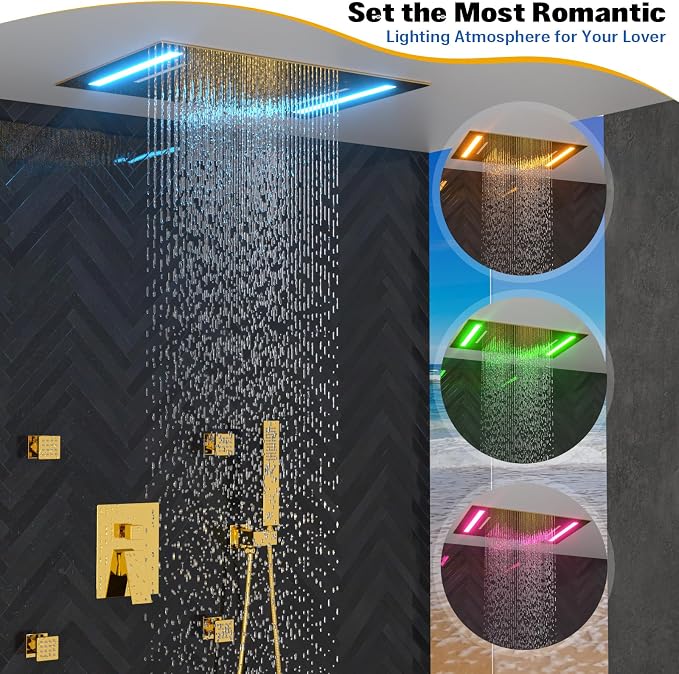 ENGA Bright Gold Shower System with Body Jets, 2 In 1 Functions Ceiling Mount 14x20inch LED Shower Head with 4 Body Jets, Rainfall Waterfall Shower Faucet Set