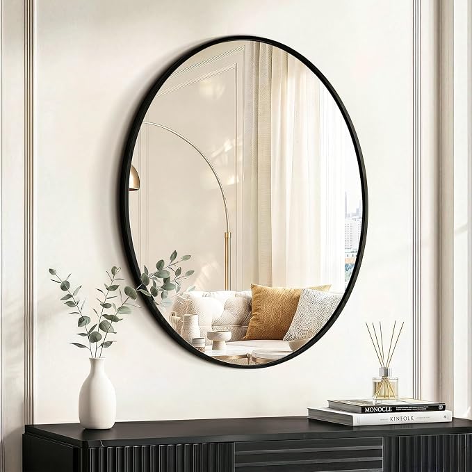 Black Oval Bathroom Mirror for Wall, 22"x28" Bathroom Vanity Mirror | HD Shatterproof Glass, Metal Framed, Oval Vanity Mirrors for Bathroom, Bedroom, Living Room, Entryway, Horizontal or Vertical