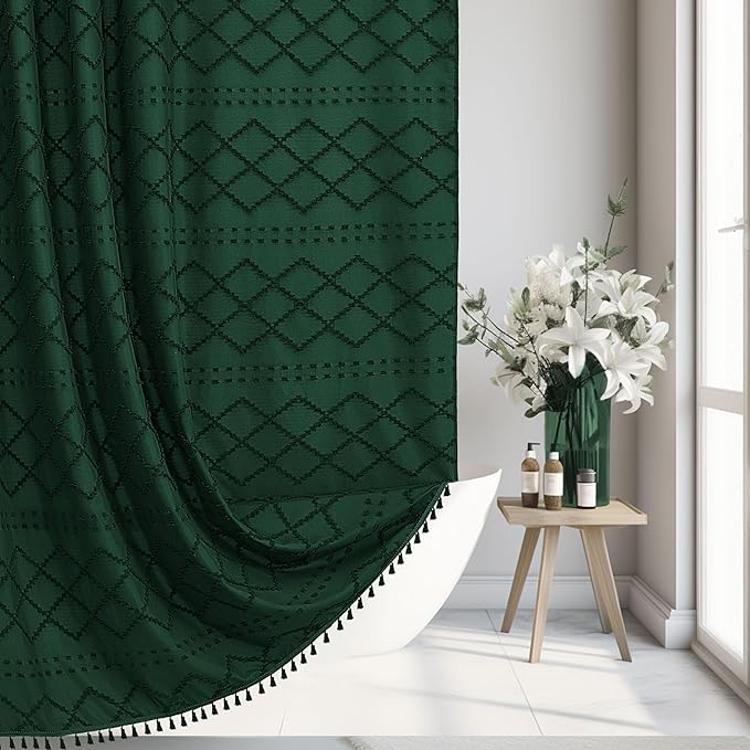 Extra Long Dark Green Boho Woven Fabric Cute 84 Inch Shower Curtain, 72 x 84 Tufted Chevron Textured Striped Modern Farmhouse Minimalist Cloth Shower Curtain for Bathroom