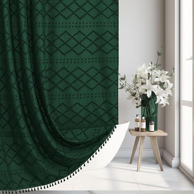 Siiluminisoy Extra Long Dark Green Boho Woven Fabric Cute 96 Inch Shower Curtain, 72 x 96 Tufted Chevron Textured Striped Modern Farmhouse Minimalist Cloth Shower Curtain for Bathroom