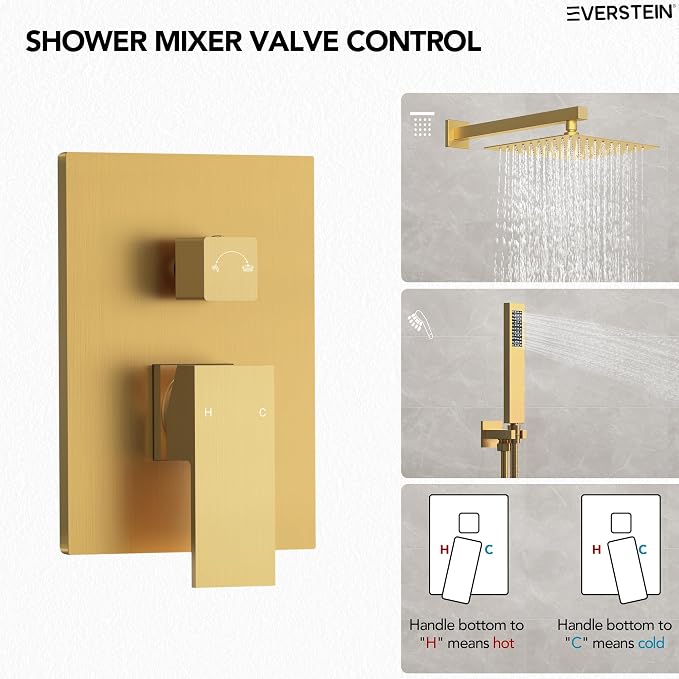 10" High-Pressure Rainfall Shower System with Handheld Spray, Wall Mount Bathroom Shower Faucet Set with Valve (Brushed Gold)