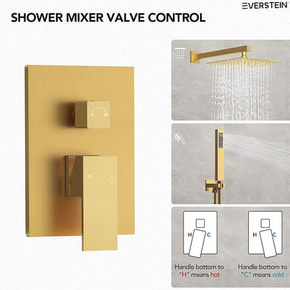 10" High-Pressure Rainfall Shower System with Handheld Spray, Wall Mount Bathroom Shower Faucet Set with Valve (Brushed Gold)