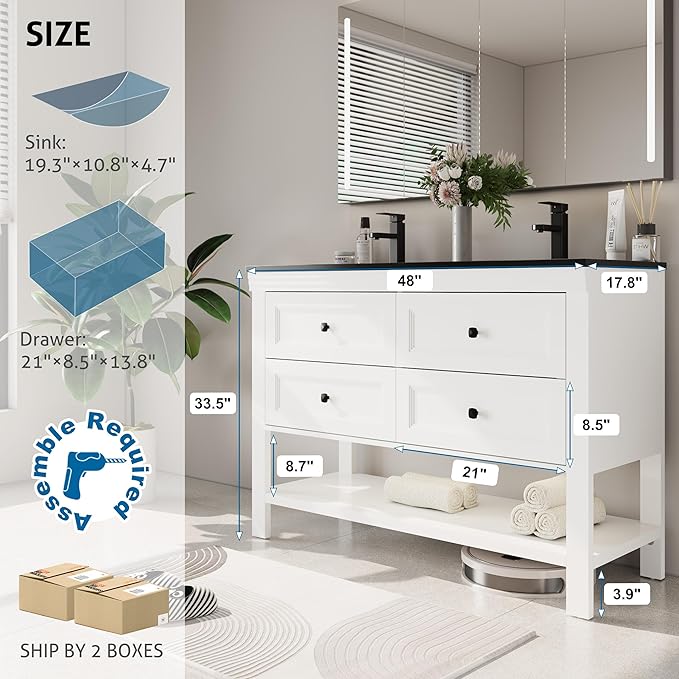 eclife 48" Bathroom Vanity with Sink Combo, Modern Painted Vanities Cabinet with Big Drawers, Opening Bottom Shelf, Raised Foot Pads, Include Undermount Black Sink, Faucet & Drain, White