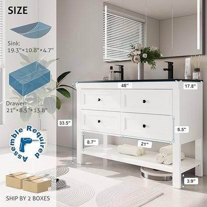 eclife 48" Bathroom Vanity with Sink Combo, Modern Painted Vanities Cabinet with Big Drawers, Opening Bottom Shelf, Raised Foot Pads, Include Undermount Black Sink, Faucet & Drain, White