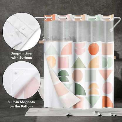 Americanflat 72x75 Hookless Shower Curtain - Water-Resistant Geometric Pastel Shower Curtain with Sheer Panel, Snap-in Liner, and Grommets - 100% Polyester - Peach, Green, Pink, Yellow & White